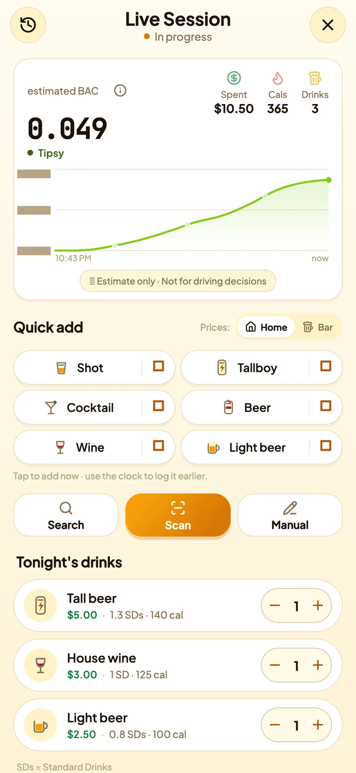 Active Glugg tracker showing logged drinks and an estimated BAC curve