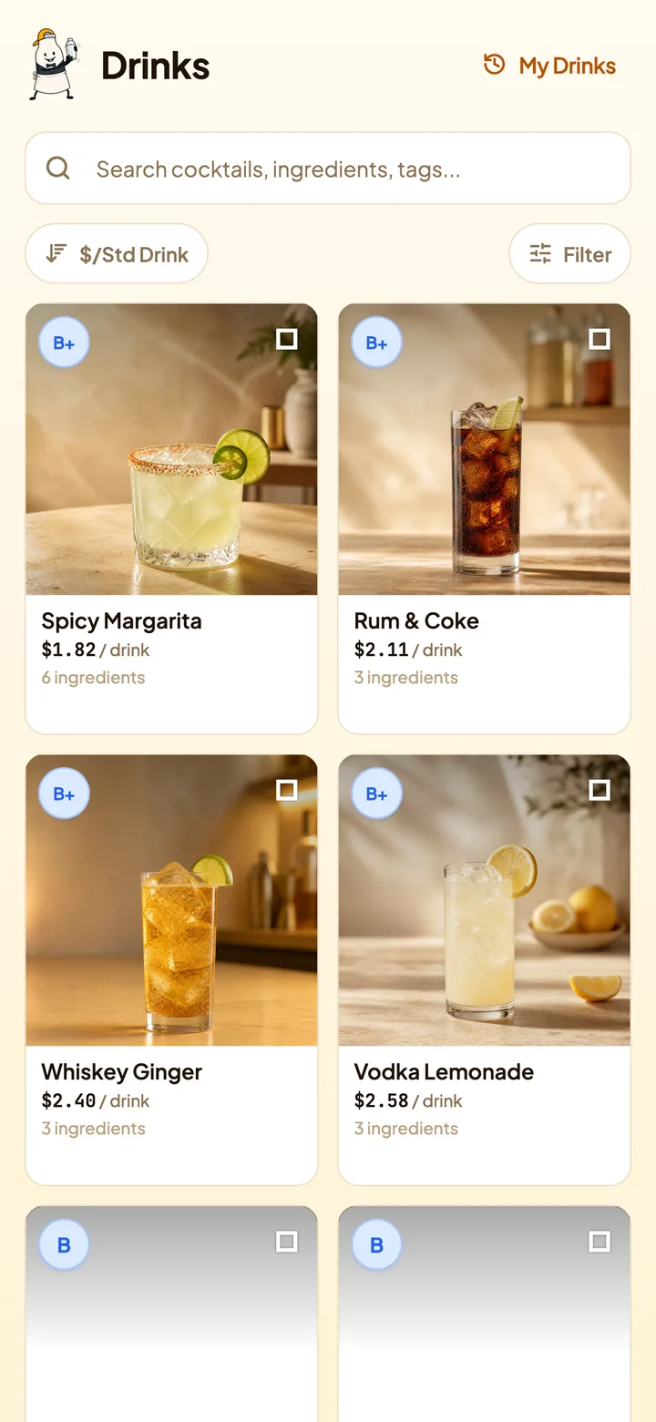 Glugg cocktail browser with recipe images, prices and grades