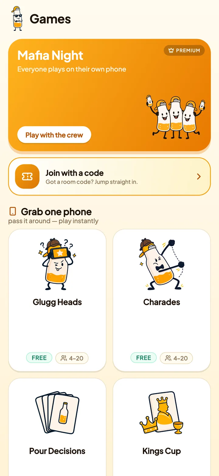 Glugg games lobby with one-phone and multiplayer party games
