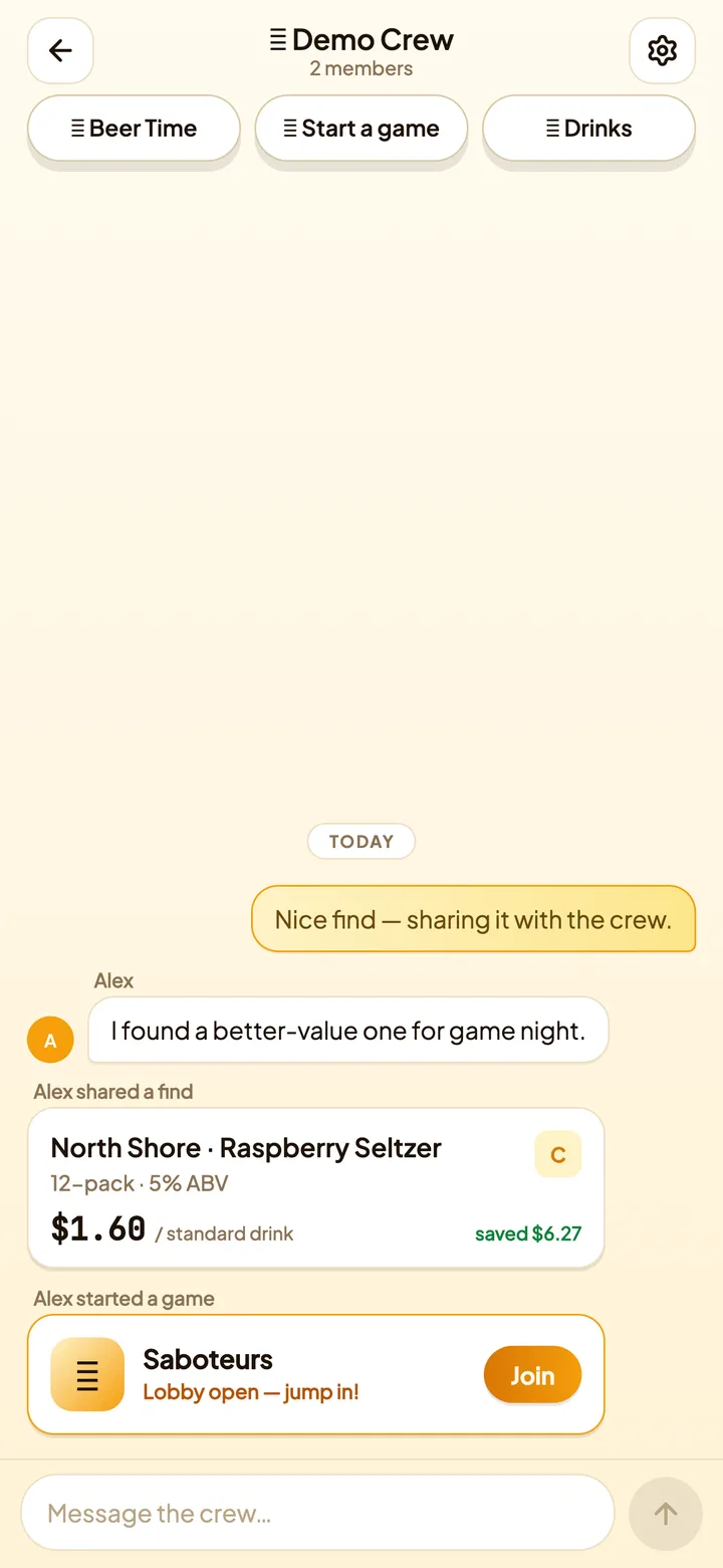Glugg group chat with a shared drink find